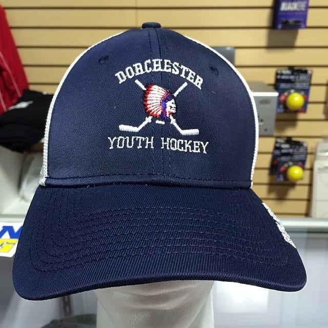 Custom Dorchester Hockey hats here at Beantown Athletics Bauer fitted mesh hats for 