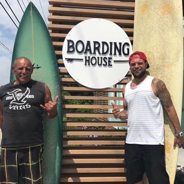 GOOD VIBES ?? / / Our good friend Lou (@local_lou_fermonte, pictured right) stopped in to visit recently with his crew! . Lou is an amazing artist and all-around awesome human. A few of his custom pieces can be found at the Boarding House, including a handmade wooden magazine rack in our lobby, and the skateboard-turned-dog water bowl outside the front door! . It’s an honor to feature your work at the Boarding House, Lou! Thank you for your friendship! ? . . . . . . . .