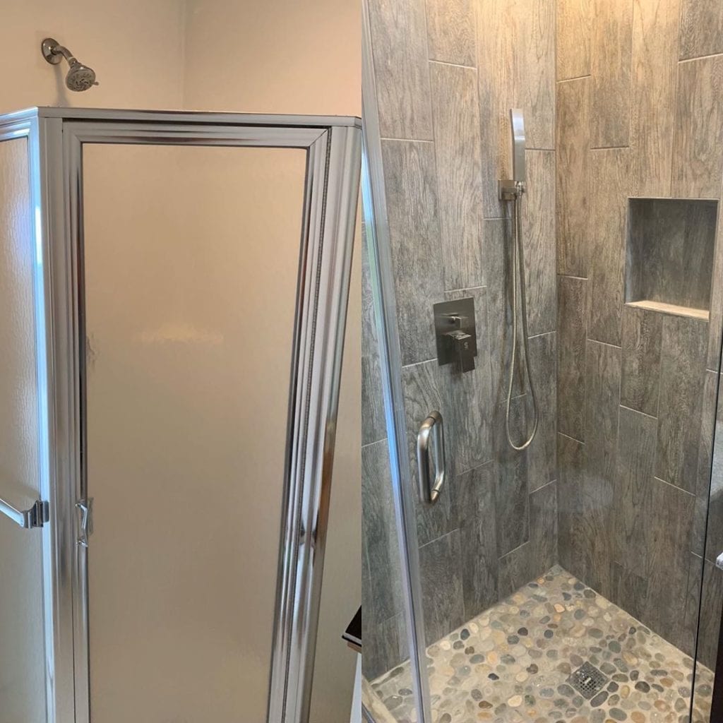 Fiberglass shower stall insert replaced with tile and frameless glass enclosure | BTB 